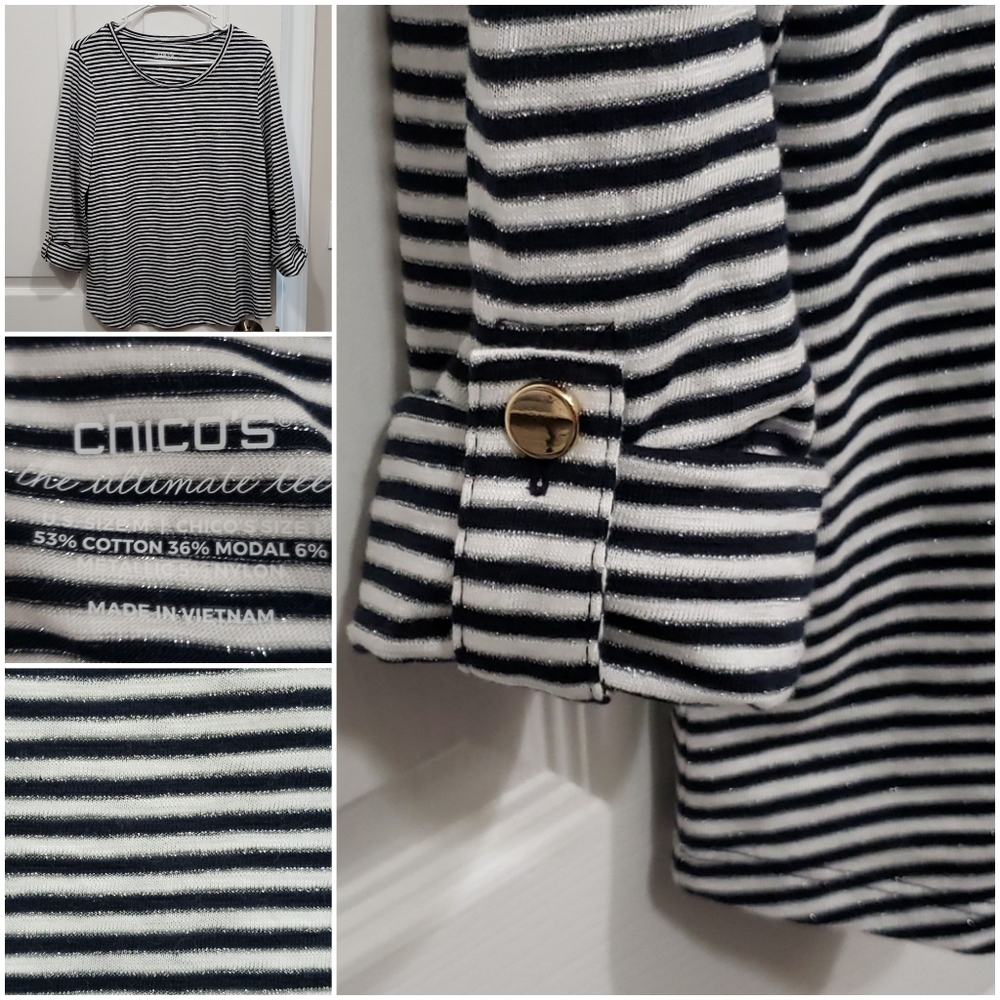 Chico's Cotton Utility 3/4 SLV Top Navy/White s1